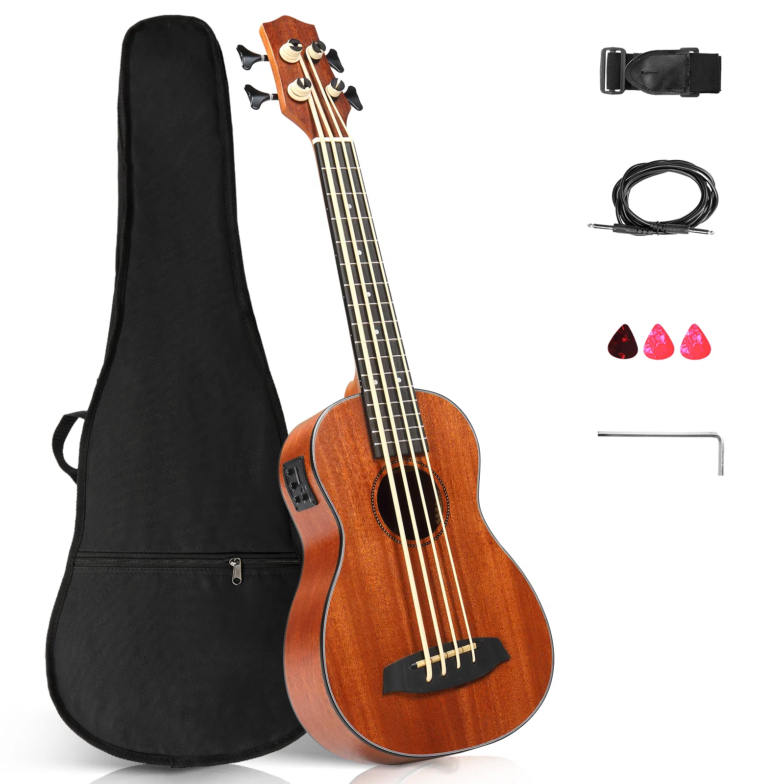 30-inch ukulele bass mahogany body with EQ, comes with cotton bag, capo, strap, picks*3…