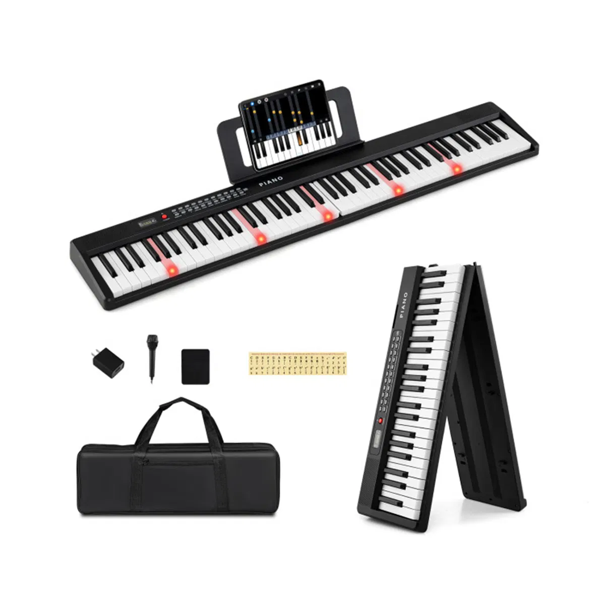 88-Key Semi-Weighted Foldable Digital Piano, 128.27×22.86×5.08 cm Light-Up Keys Keyboard…