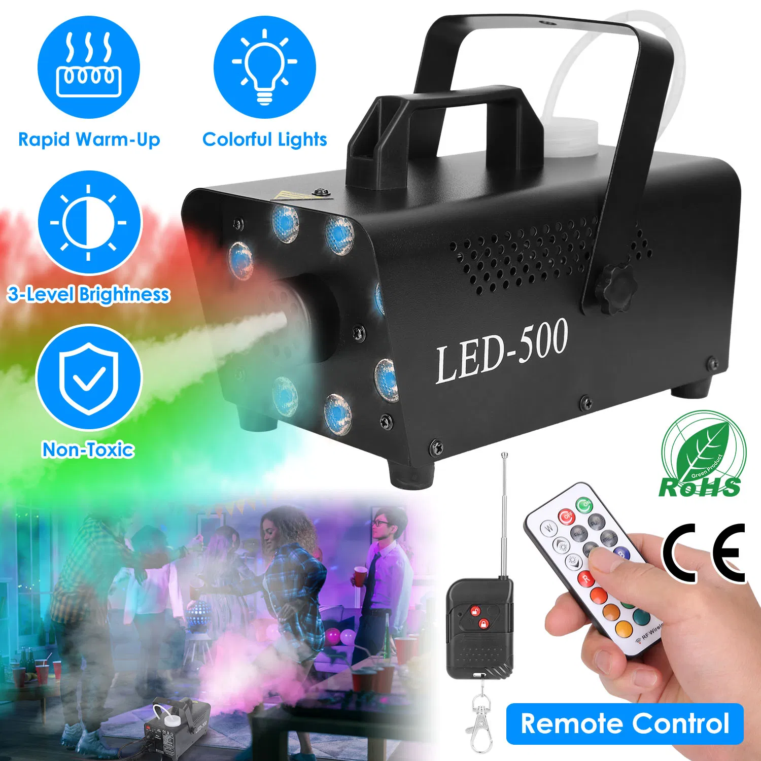 500W Fog Machine 2000CFM Colorful Smoke Machine with 8Pcs LEDs 5 Lighting Effects 3-Level…