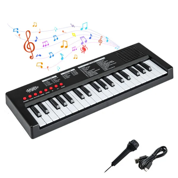 Black 37 Keys Kids Electronic Keyboard With Microphone, 8 Tones & 8 Rhythms Piano Toy For…