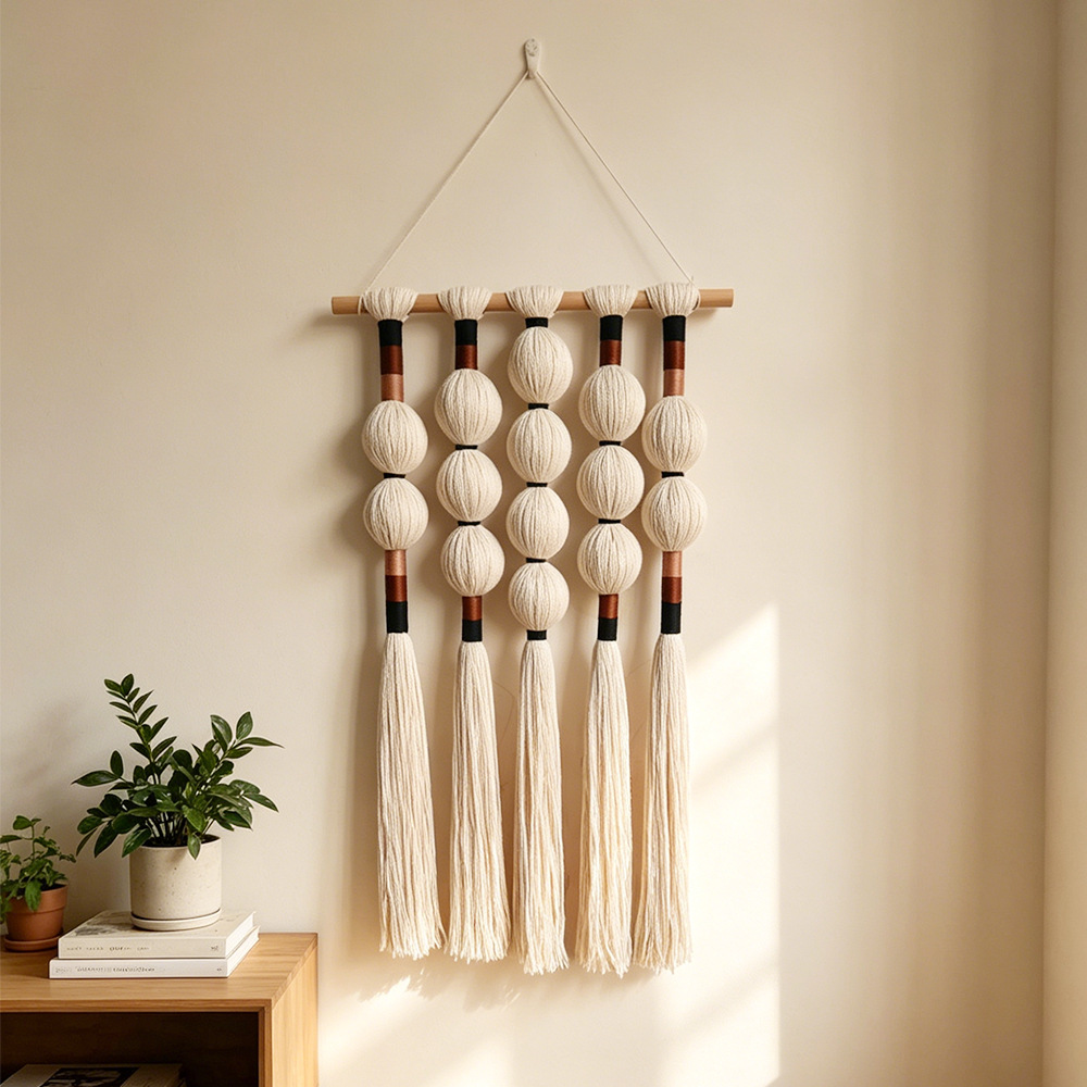 Handmade Bohemian Macrame Wall Hanging With Round Ball Tassels - Woven Tapestry Decor For…
