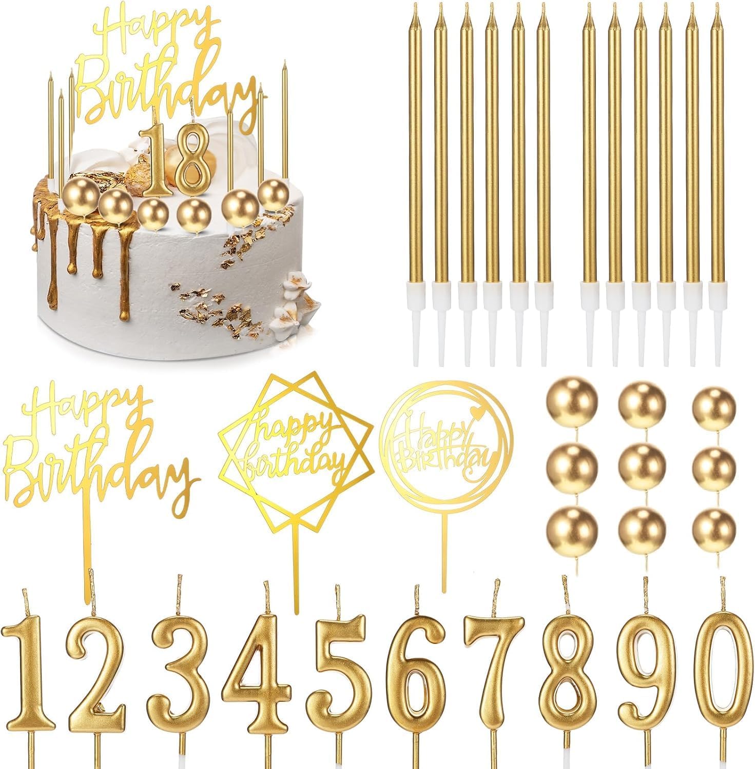 Gold Birthday Cake Toppers 34 Units, Birthday Candles And DIY Cake Decorations For Men…