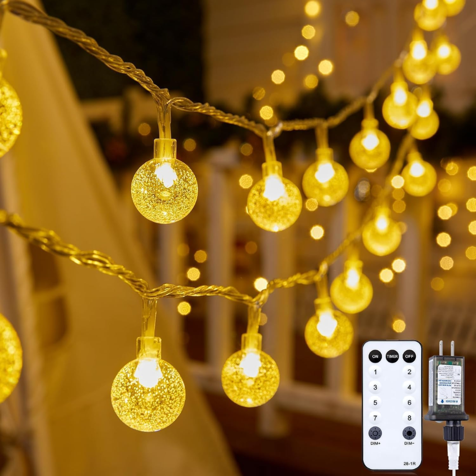 33Ft Crystal Globe String Lights, Hundred LED Warm White Lights With Remote