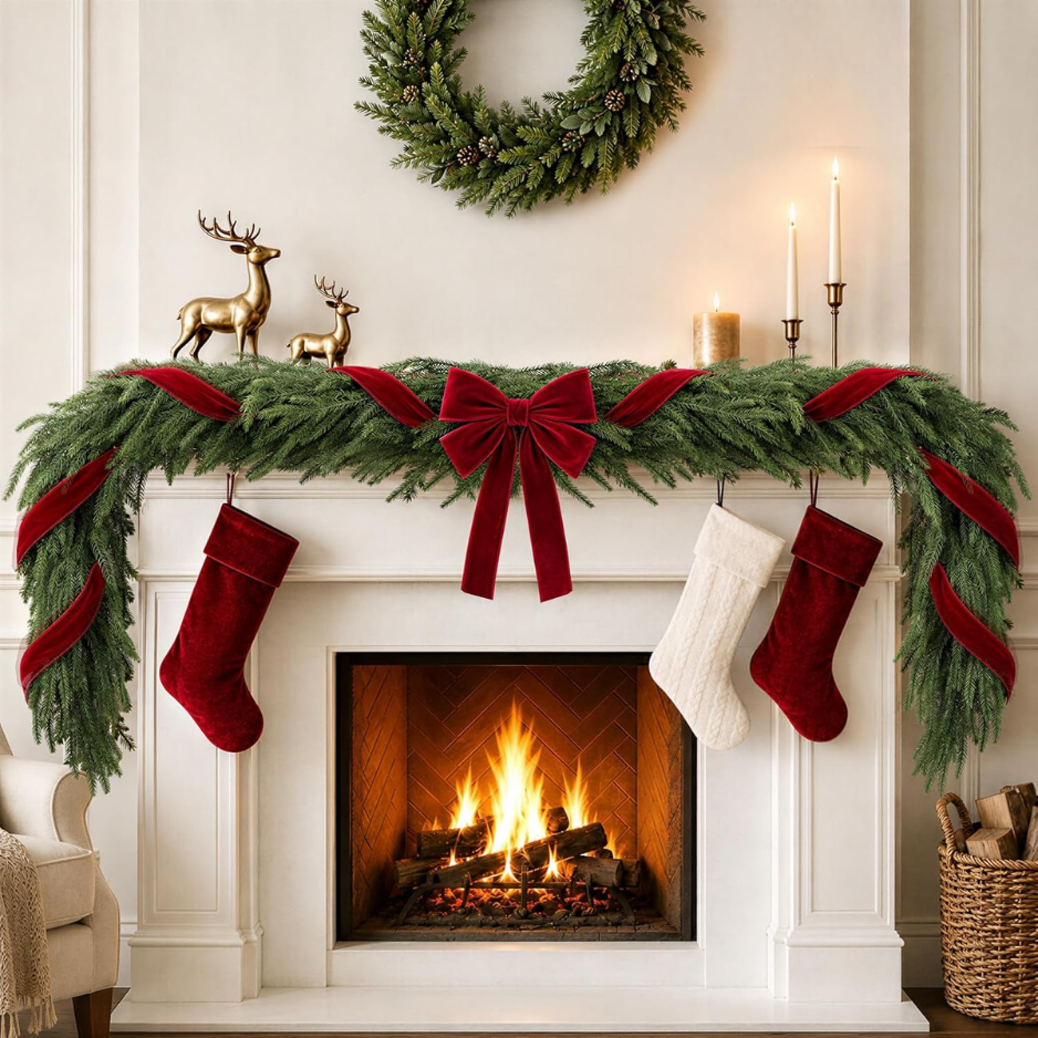 Christmas Decor 6FT Norfolk Pine Garland With Ribbon Bows Red Velvet