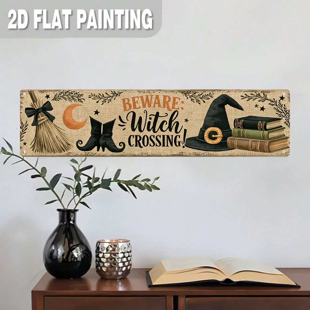 Beware Witch Crossing Metal Sign 2D Flat, Rustic Halloween Entryway Decor