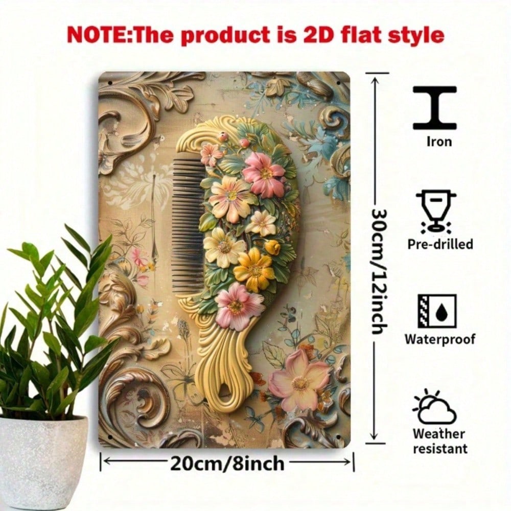 Vintage French Hair Comb Metal Wall Decor Sign, Humorous Floral Hanging Art