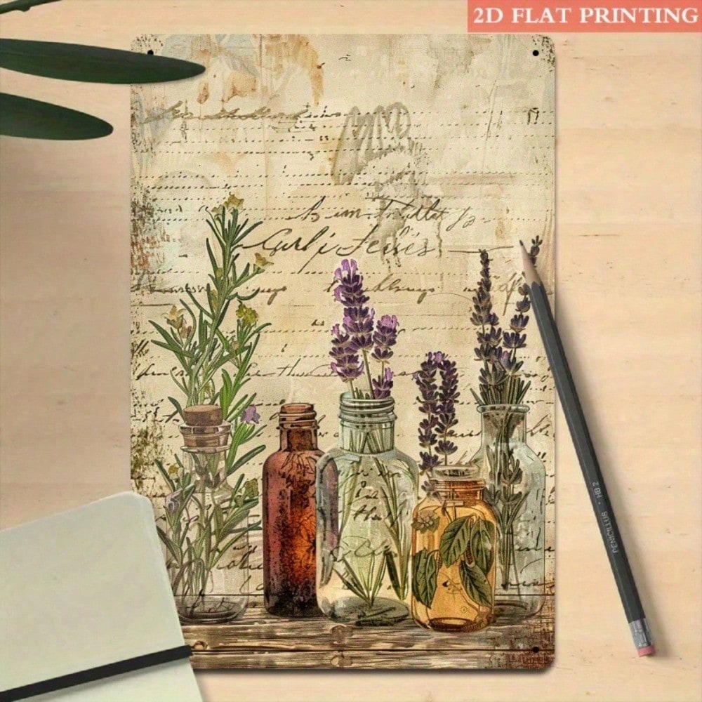 Vintage Herbal Bottle Metal Sign 8x12, 2D Flat Botanical Plant Print Tin Art
