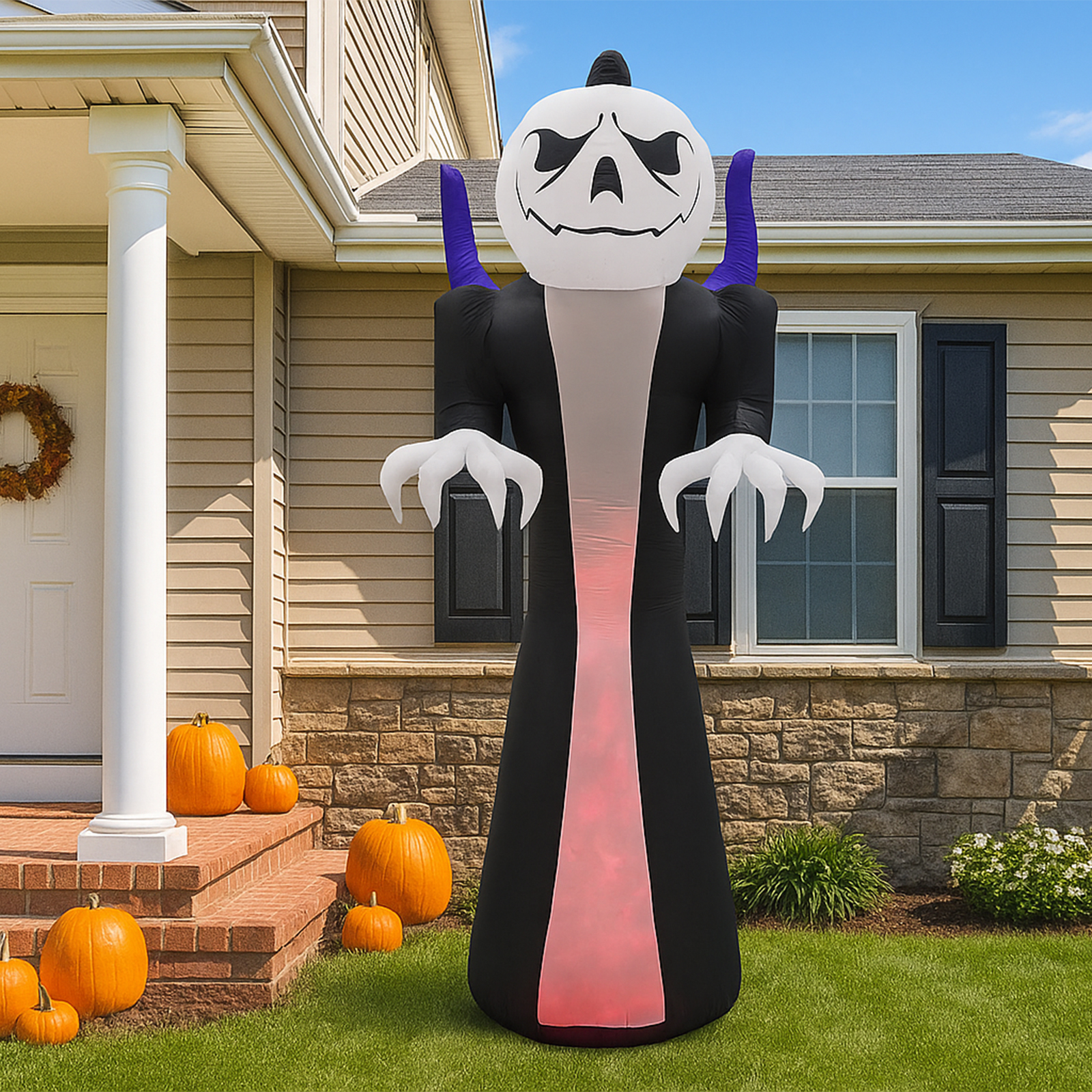12ft Pumpkin Head Grim Reaper 1 Tri-Colored Flame Light Halloween Inflatable Decoration…