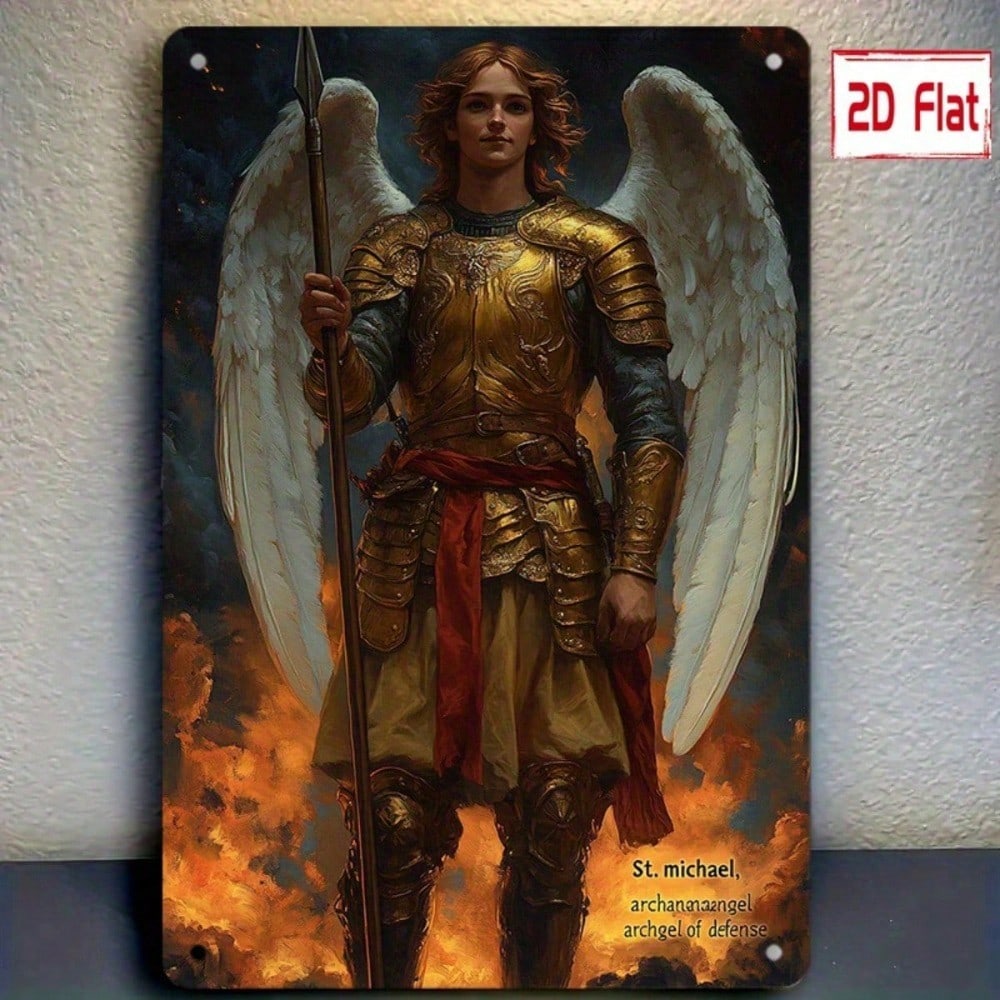 Archangel Wall Plaque Golden Armor Angel Medal, Spear Shield Religious Decor