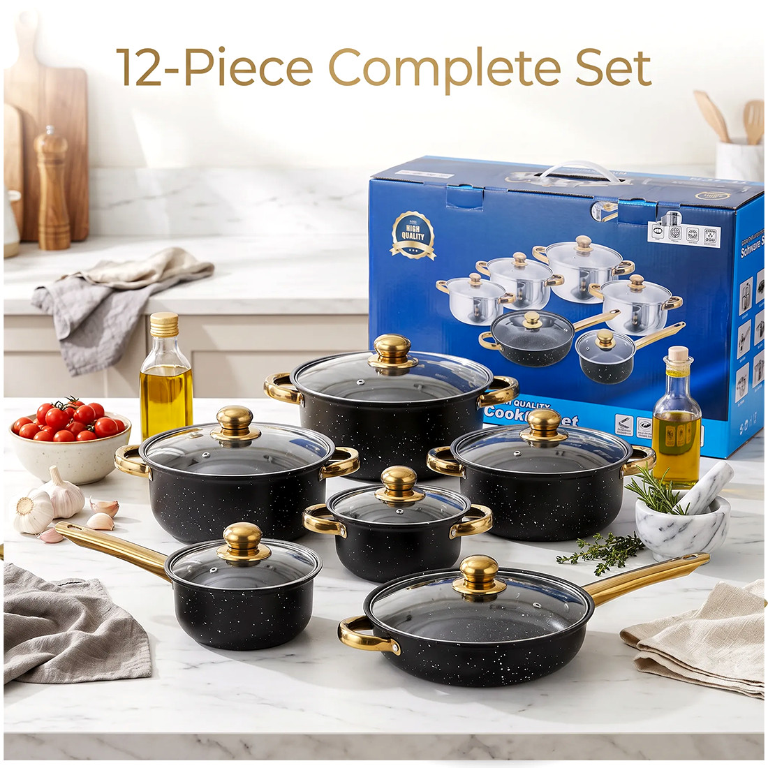 12-Pack Induction Non Stick Stainless Steel Cookware Cooking Pot Pan With Lids Set
