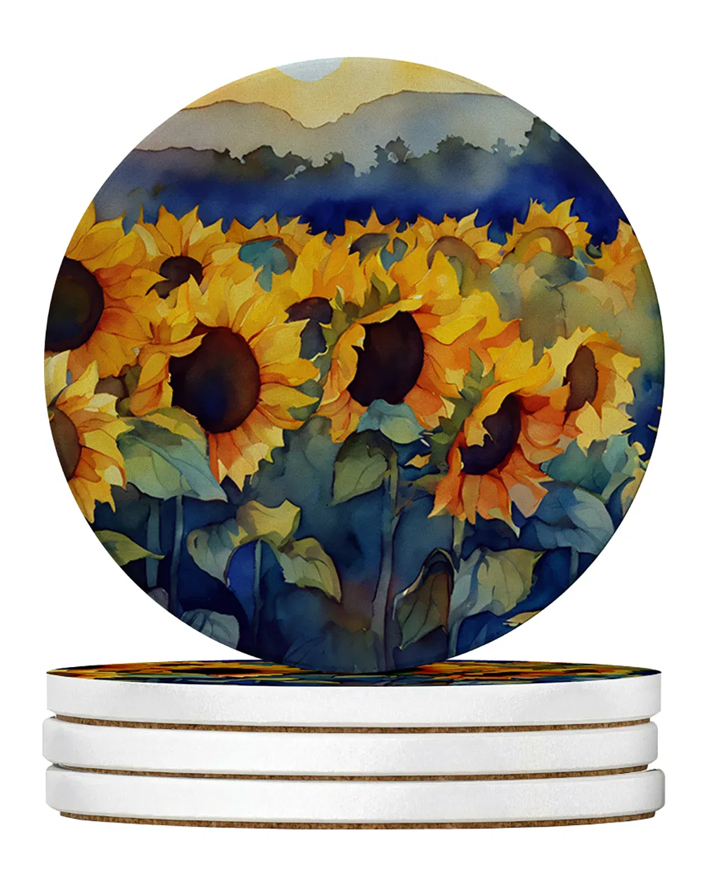 Sunflowers in Watercolor Large Sandstone Coasters Pack of 4 Absorbent Round Coasters Decor Gifts for Men or Women, 4 in, Multicolor