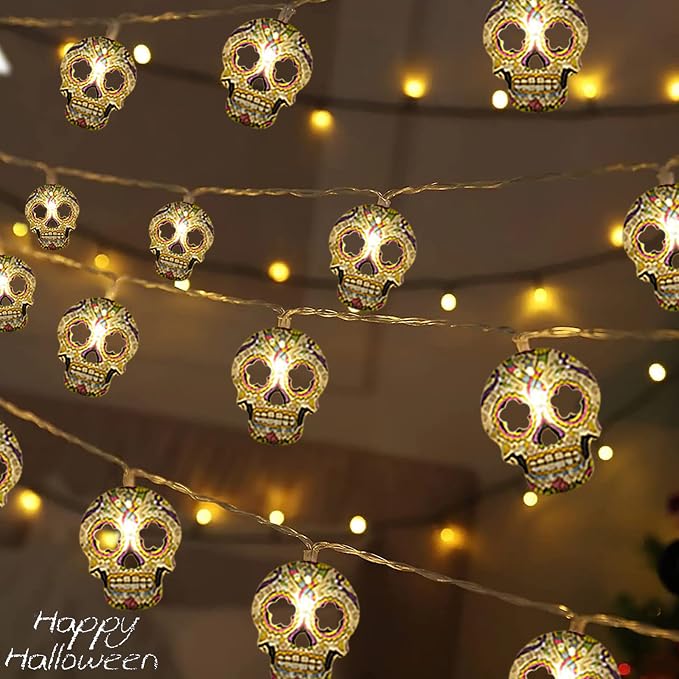 30 LED 15FT Halloween Skull String Lights Battery USB Powered With 2 Flashing Modes…
