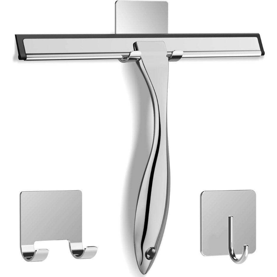 Stainless Steel Shower Squeegee 10 Inch With 2 Adhesive Hooks, Silver Glass Cleaner For…
