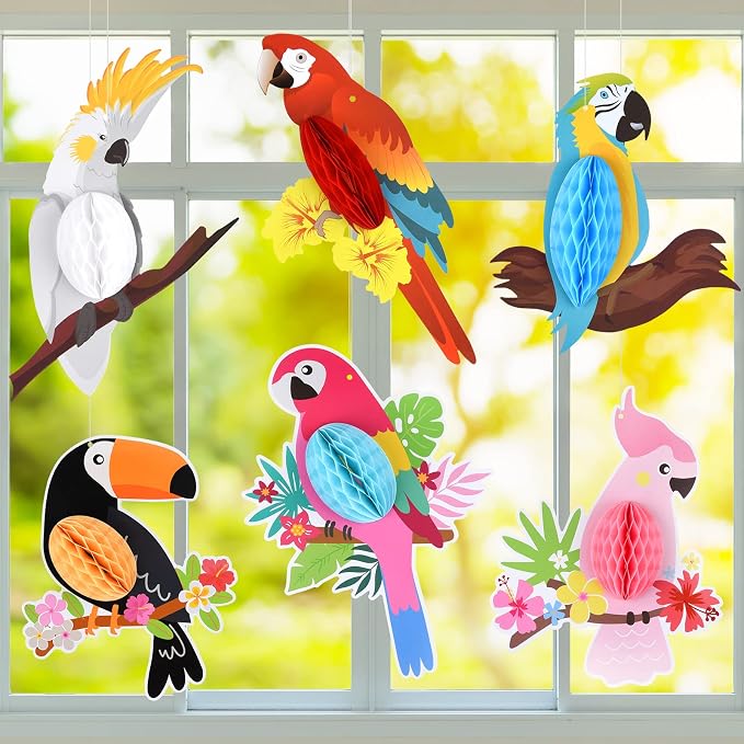 6-Piece Tropical Parrot Honeycomb Paper Birds Hawaiian Luau Beach Summer Party Decorations
