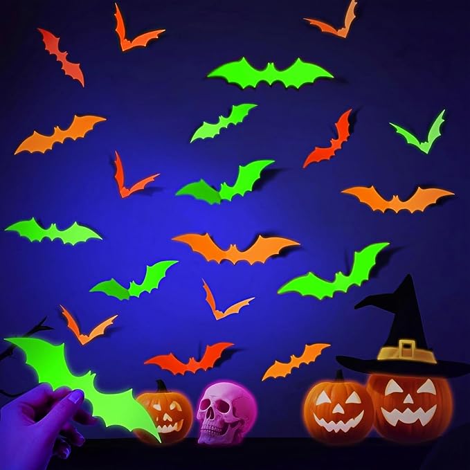 60-Piece 3D Glow-in-the-Dark Halloween Bat Wall Decals Flying Bat Stickers For Spooky…