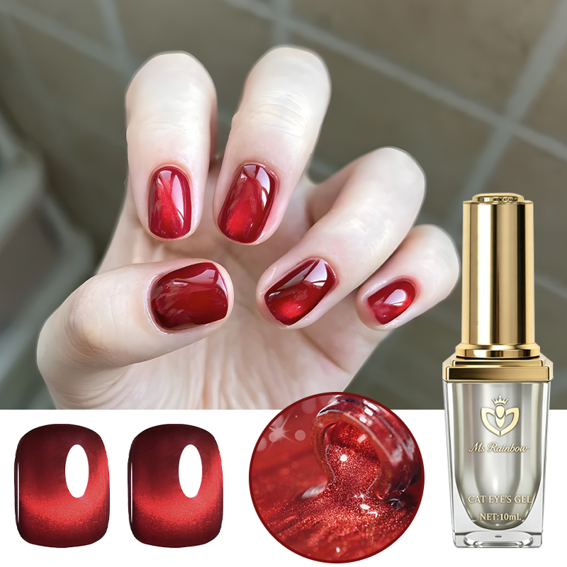 Ms Rainbow Starry Series Cherry Red Magnetic Cat Eye Gel Polish 10ml, Glossy Crystal Red…
