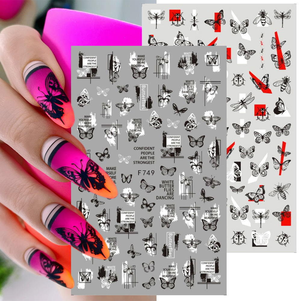 Nail Art Adhesive Stickers Instagram-style Black And White Butterfly Punk Vibe