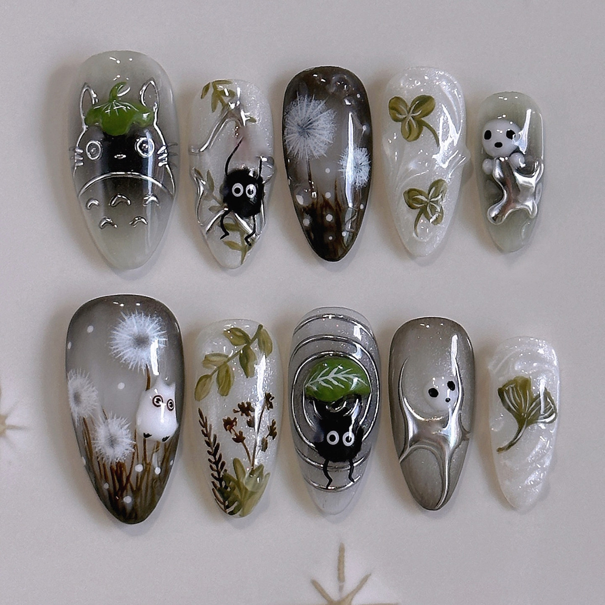 24Pcs Forest Style 3D Embossed Cat Eye Press On Nails, European INS Trendy Reusable Handmade False Nails Removable Wearable Nail Tips