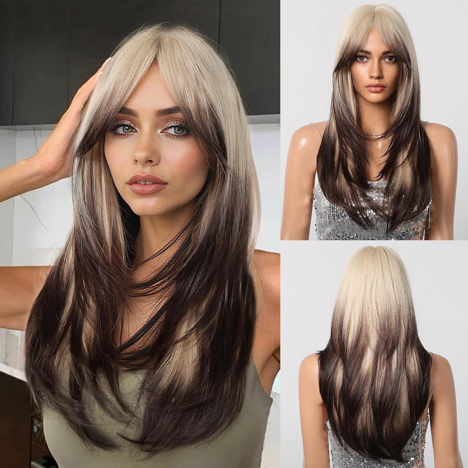 Womens Figure-8 Bangs Black-to-gray Ombre Long Straight Synthetic Hair