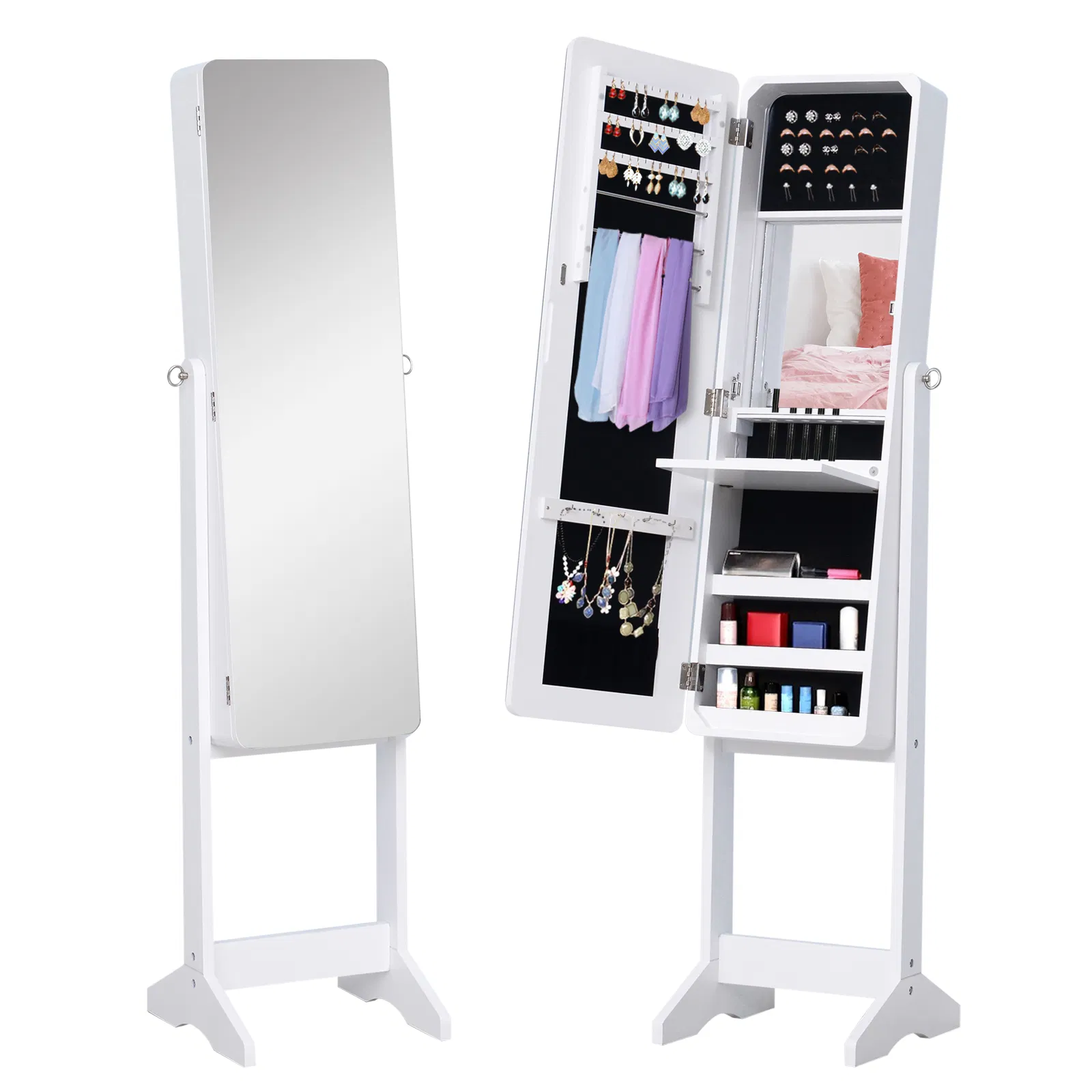 Mirrored Jewelry Armoire LED Lights Freestanding Organizer Adjustable Angle Lockable…