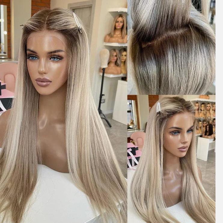 European And American Womens Synthetic Wig Titanium Blonde Long Straight Hair