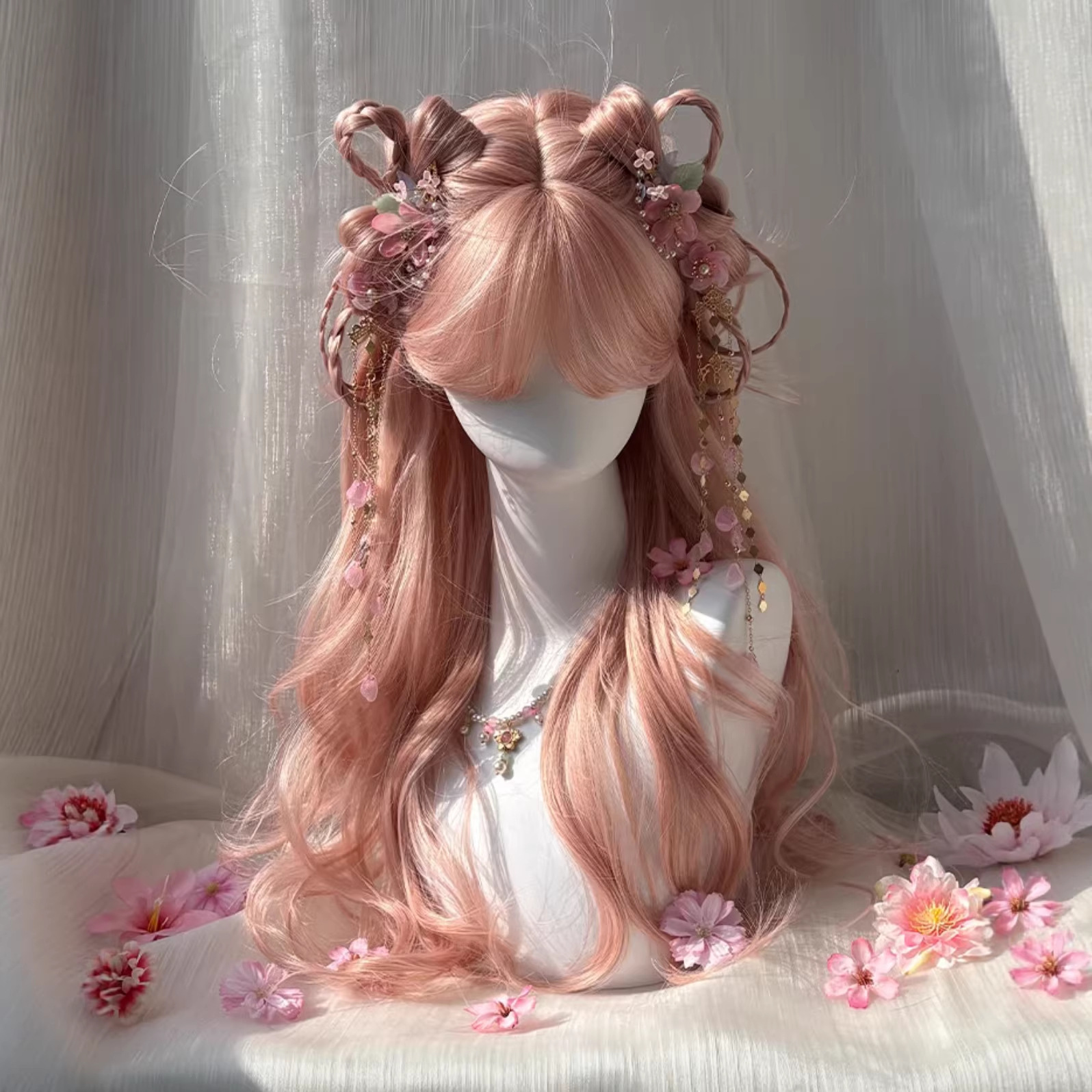 Womens Pink-gold Long Curly Wig With Wispy Bangs And Big Waves