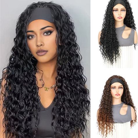 Womens Short Curly Wig With Headscarf Long Afro Puff Wig Cap