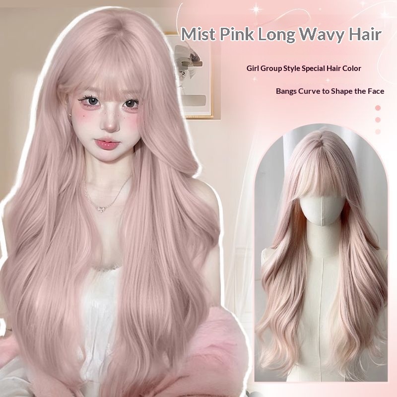 Foggy Pink-gold Natural Long Curls Full Head Wig