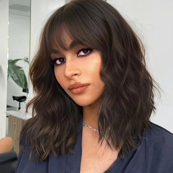 European & American Style Women Wig, Medium Length Wavy Curly Hair With Bangs, Synthetic…