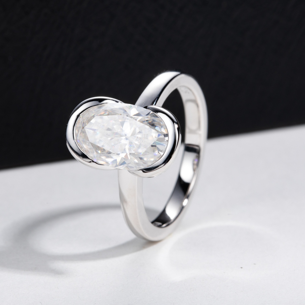 Silver Oval Semi mount Ring With A 3 carat Fancy shaped Moissanite For Women
