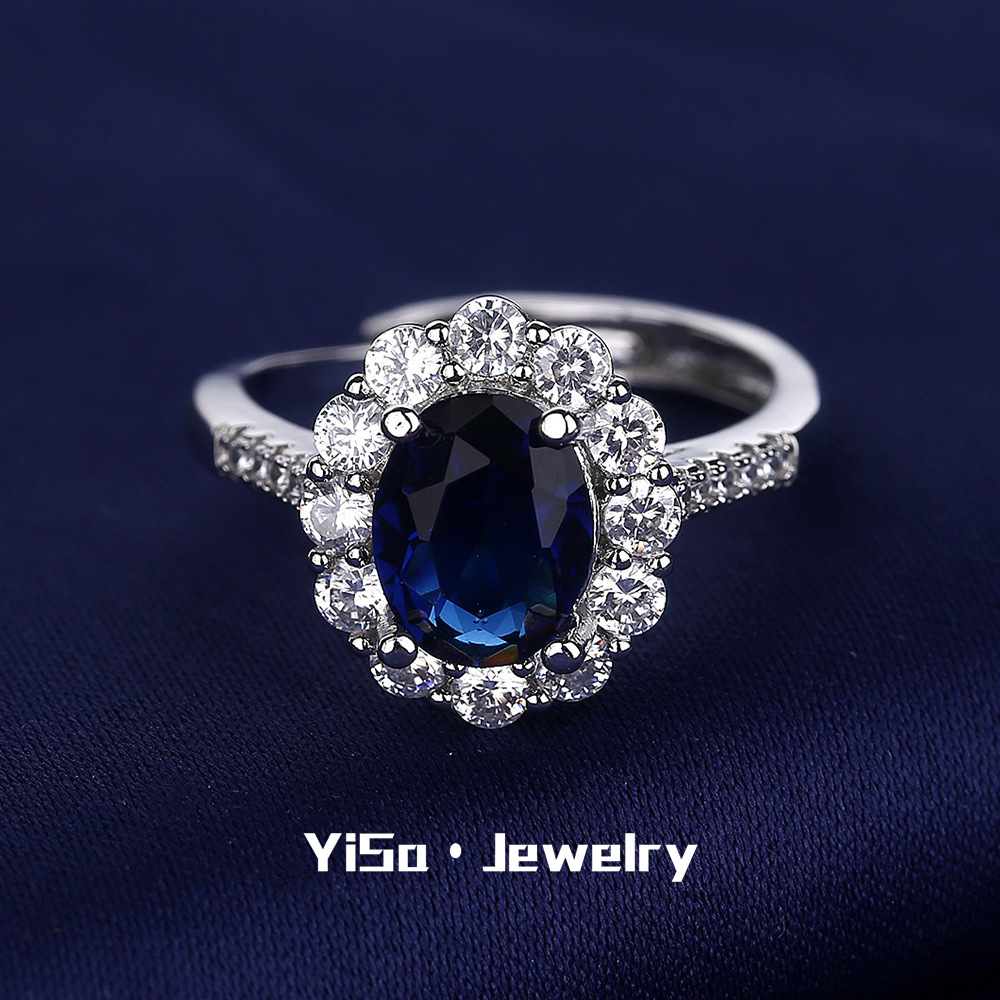 Caibao Ocean Heart Inlaid Sapphire Group Zircon Ring Women's European And American Retro…