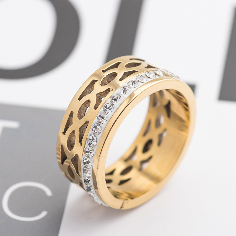 Fashionable Hollowed-out Diamond-studded Titanium Steel Ring