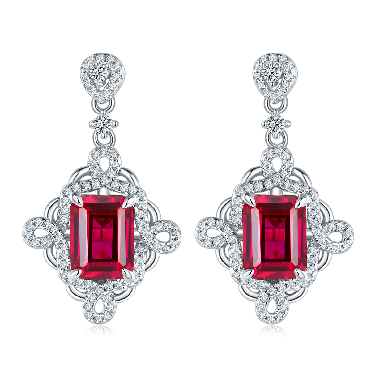 S925 Silver 4.4g Platinum Plated Lab-Created Ruby Drop Earrings, 8x6mm Emerald Cut 4ct…