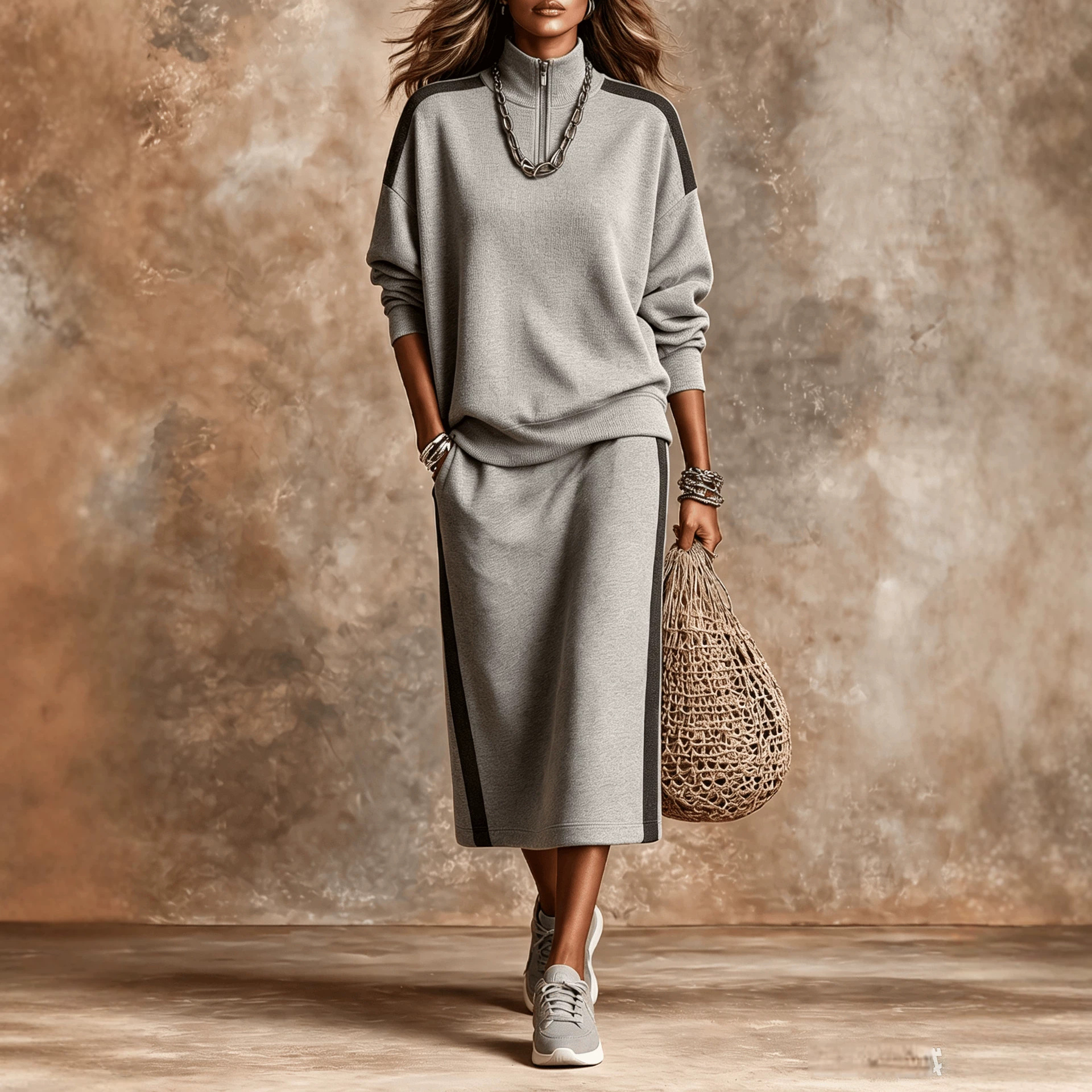 Fallwinter Casual Chic Color-block Half-zip Sweatshirt And Loose-fitting Womens Set