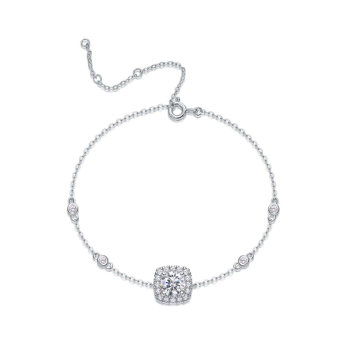 S925 Silver 2.2g 1ct Halo Moissanite Bracelet, D VVS1 Adjustable 16&5cm, GRA Certified