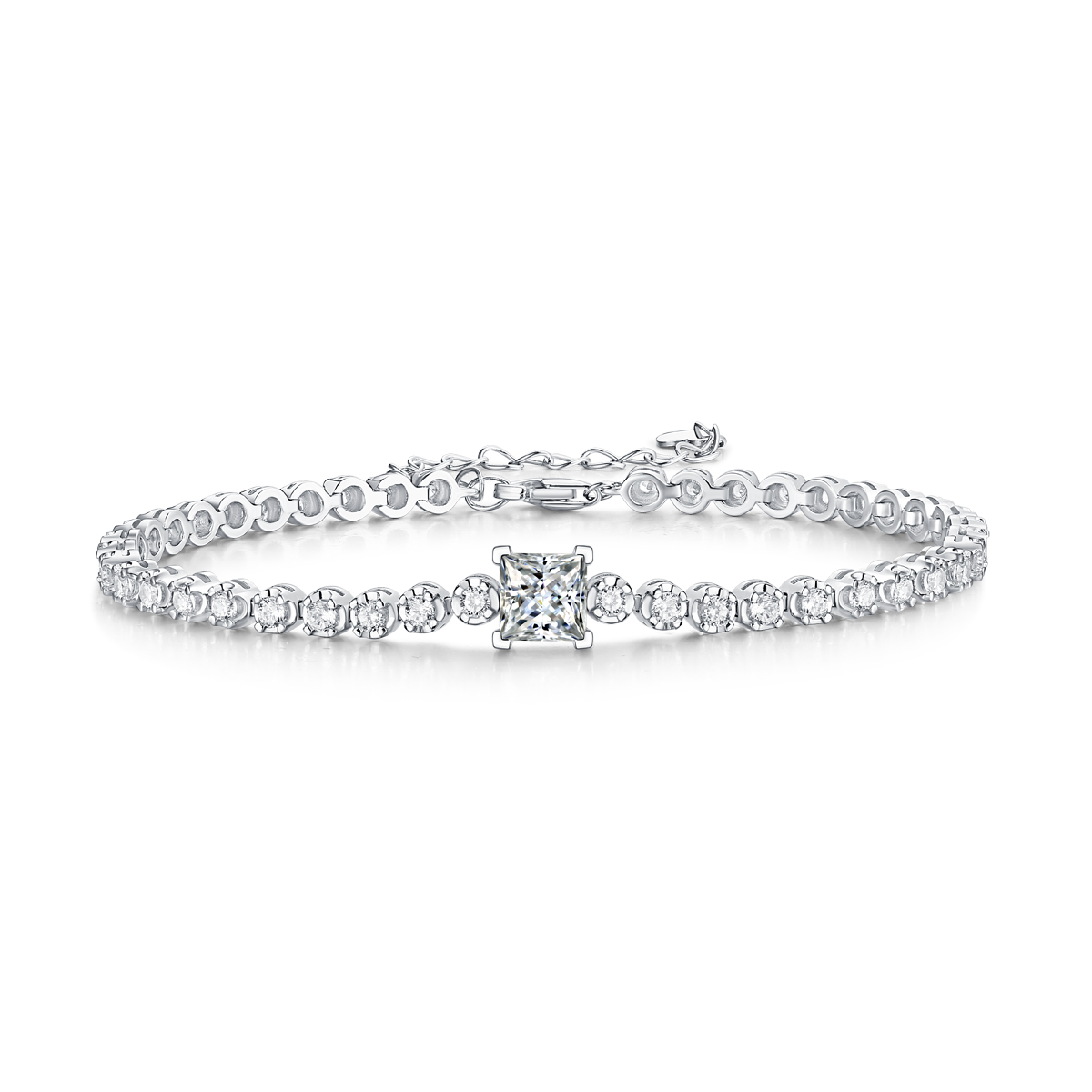 S925 Silver 1ct Princess Cut Moissanite Bracelet, 16&5cm Adjustable, D VVS1 GRA Certified