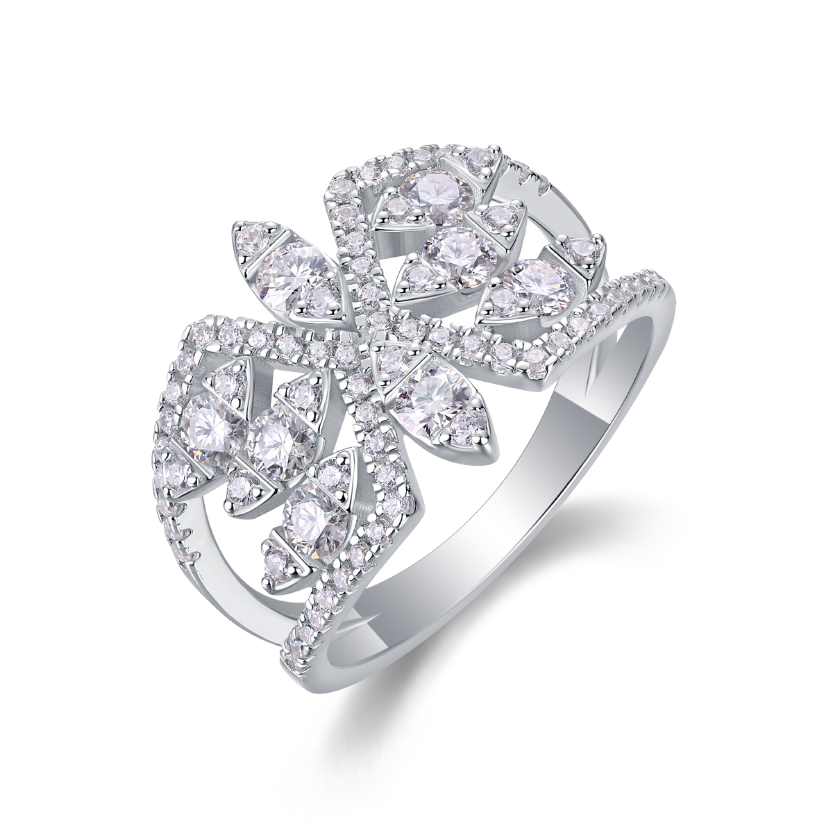 S925 Silver 3.8g Platinum Plated Moissanite Ring, 14.3mm Floral Cluster, D VVS1 GRA…