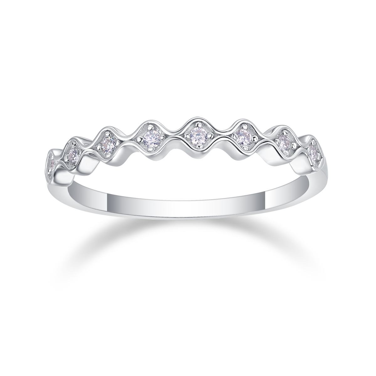 S925 Silver 1.4g Platinum Plated Moissanite Ring, 3.0mm Wavy 8pcs D VVS1 Curved Band, GRA…