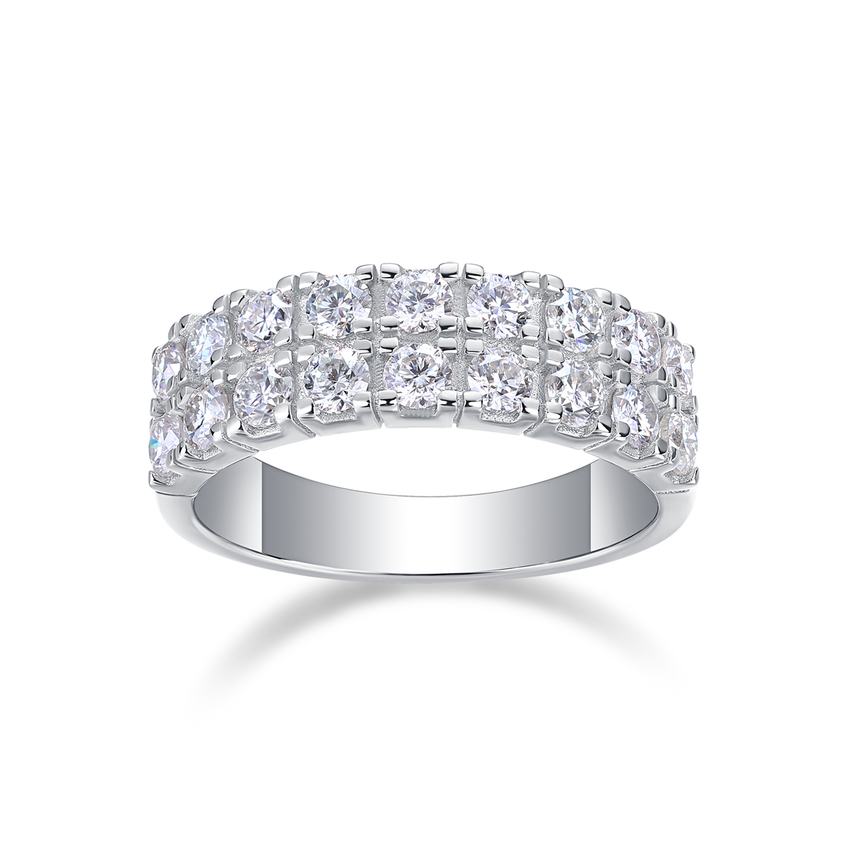 S925 Silver 4.1g Platinum Plated Moissanite Ring, 6.5mm Double Row Pave 18 Stones D VVS1…