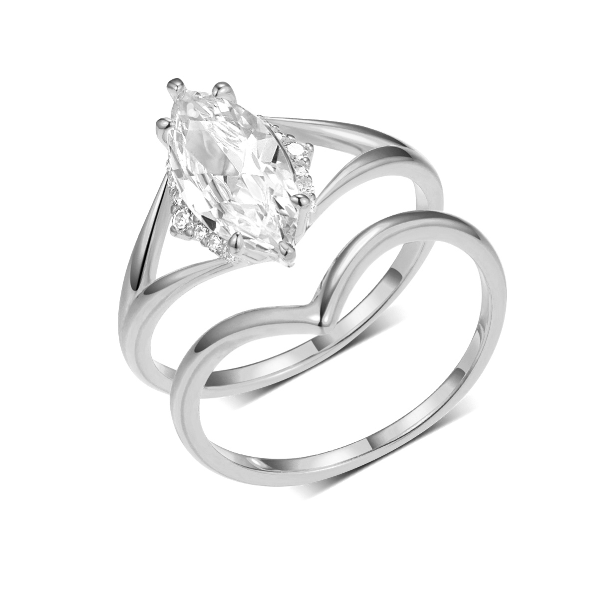 S925 Silver 3.9g Marquise Moissanite Ring Set, 6x12mm D VVS1 V-Shape Curved Band, GRA…