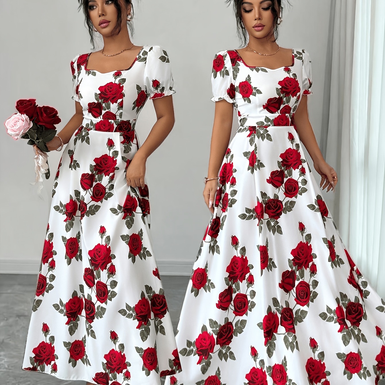 Elegant Vintage Rose-print Puff-sleeve Maxi Dress