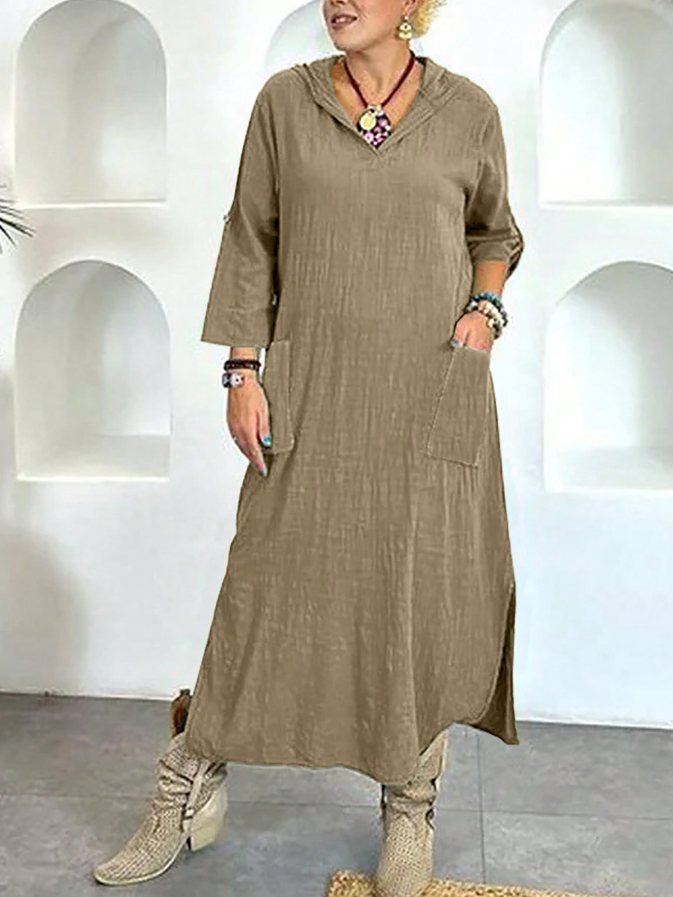 Export Women's Autumn New Collection Simple Casual Solid Color Loose Plus-size Dress