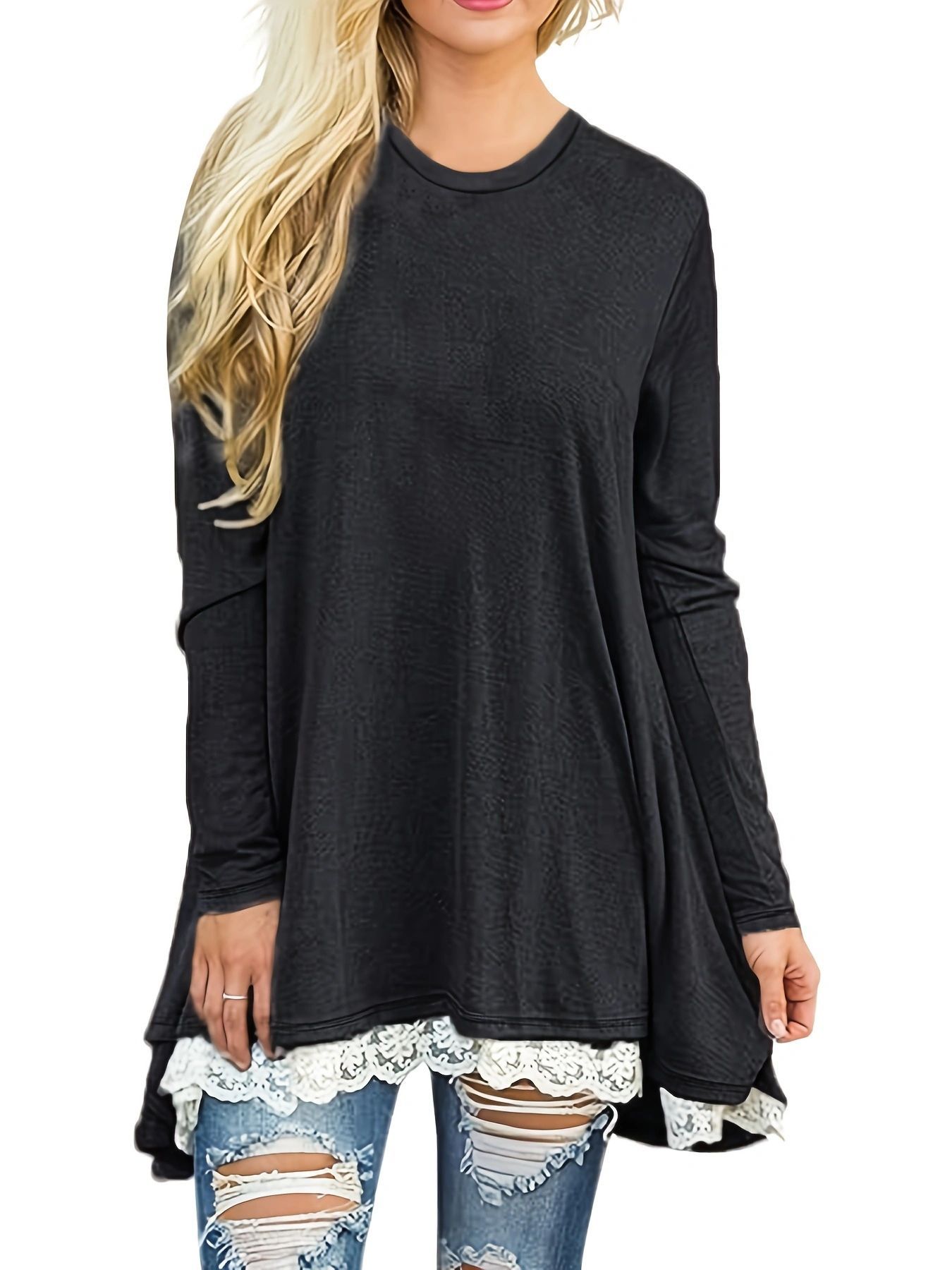 European And American Autumn Women's Simple Versatile Irregular Hem Lace Splicing Loose…