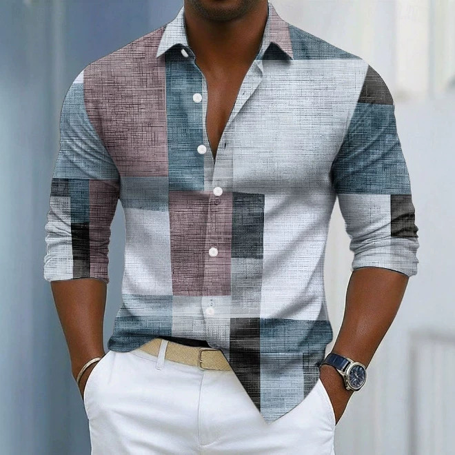 Men's Geometric Color-Block Plaid Pattern Shirt