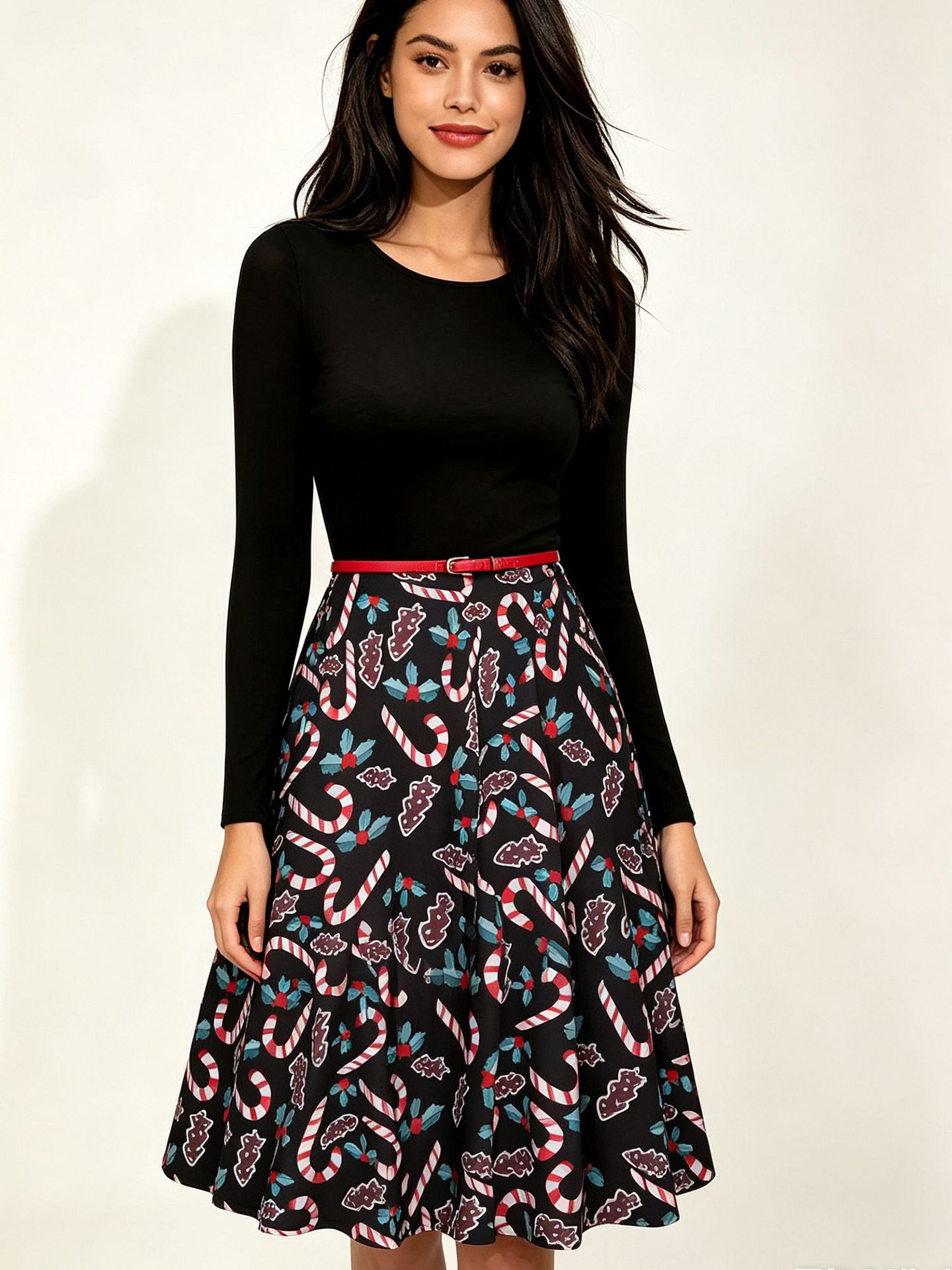 Printed Dress With Round Neck And Long Sleeves, Christmas Cane Pattern, Slim Fit, Women's…
