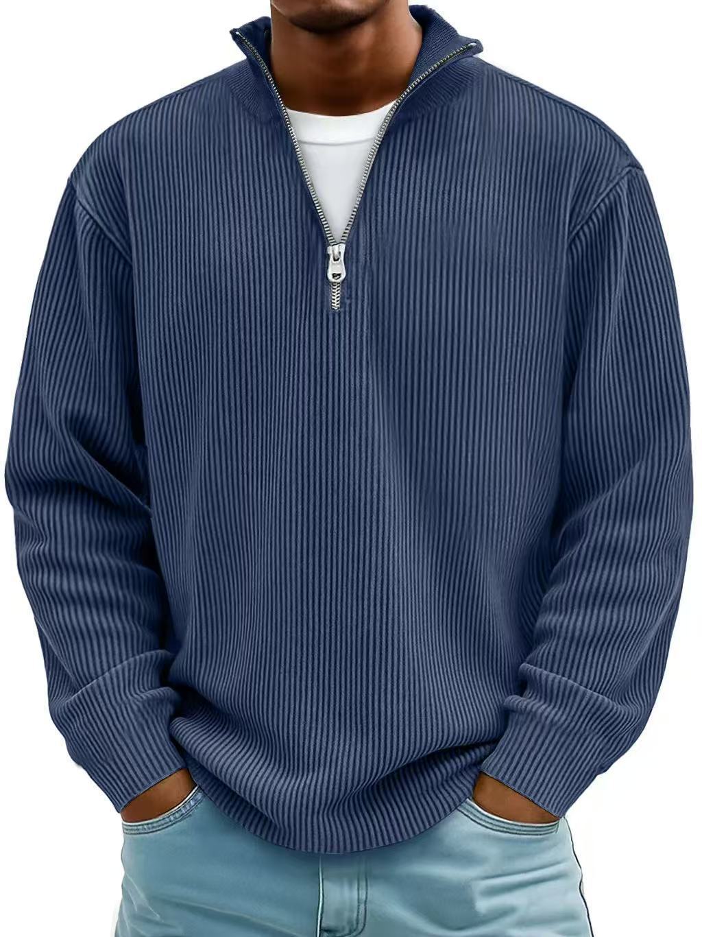 Autumn And Winter Men's Casual Stand-Up Collar Zipper Corduroy Long-Sleeved Men's Polo…