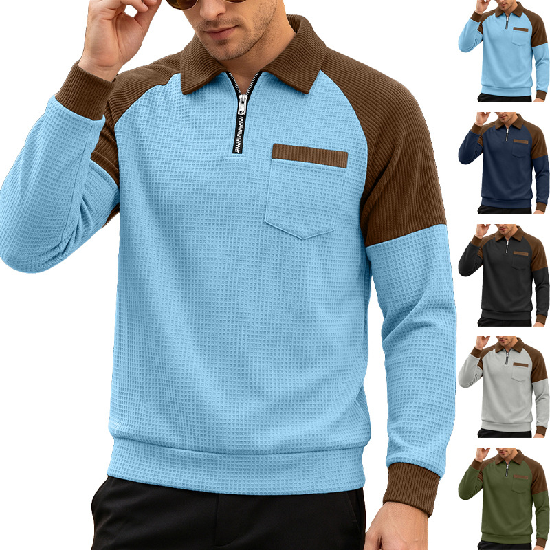 Men's Waffle Knit Collared Half-zip Polo Shirt, Oversized Color-block Patch Pocket Casual…