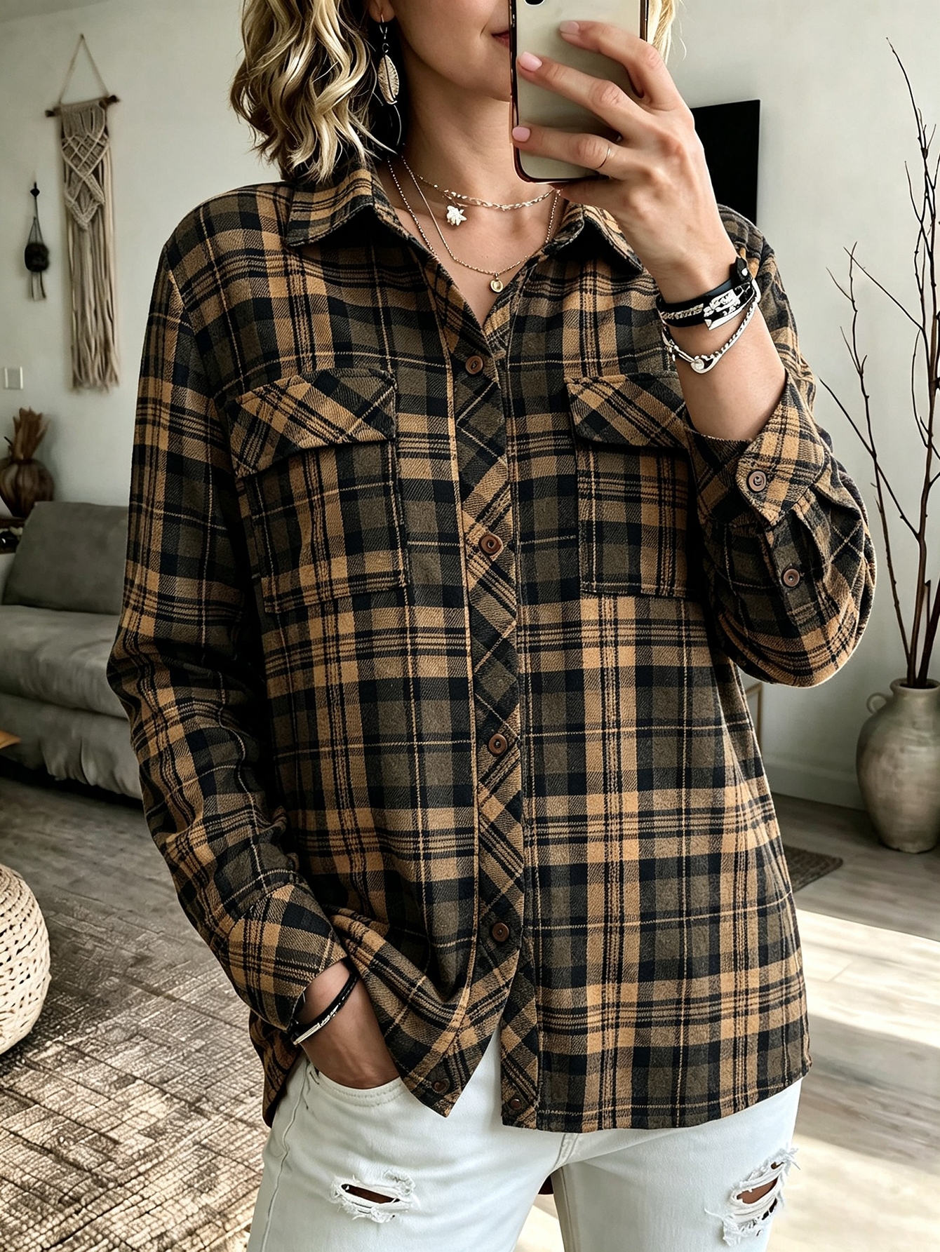 Women Plaid Flannel Shirt Jacket Long Sleeve Lapel Button Down Shackets With Chest…