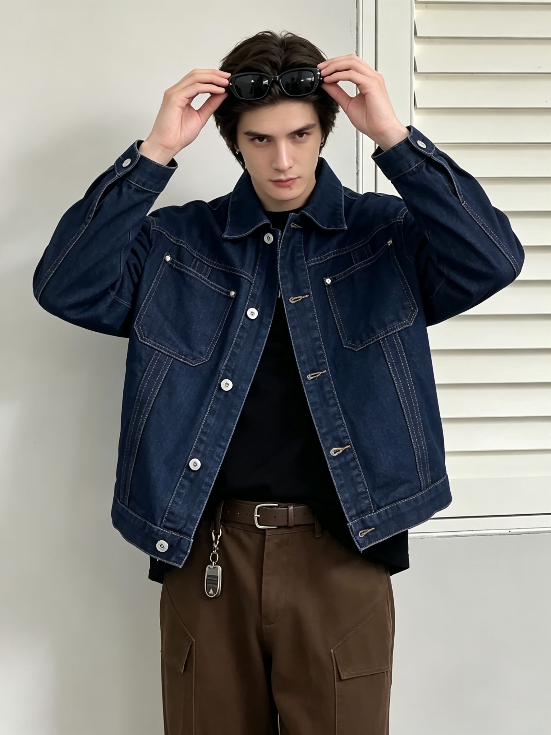 Dark Indigo Denim Jacket Men Multi Pocket Casual Jean Jacket Contrast USA Warehouse Stock