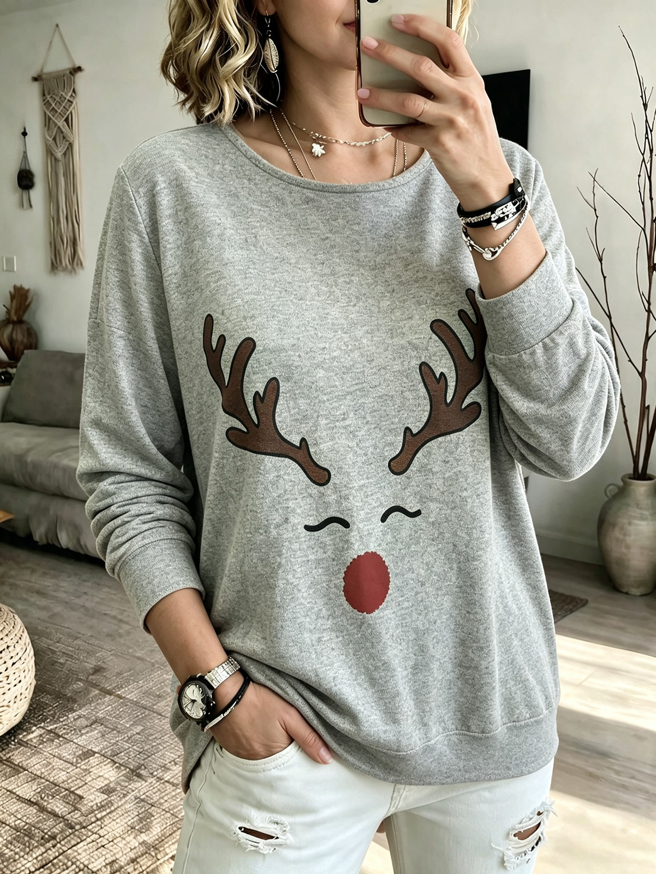Women's Christmas Reindeer Print Sweatshirt Long Sleeve Crew Neck Casual Holiday Pullover…